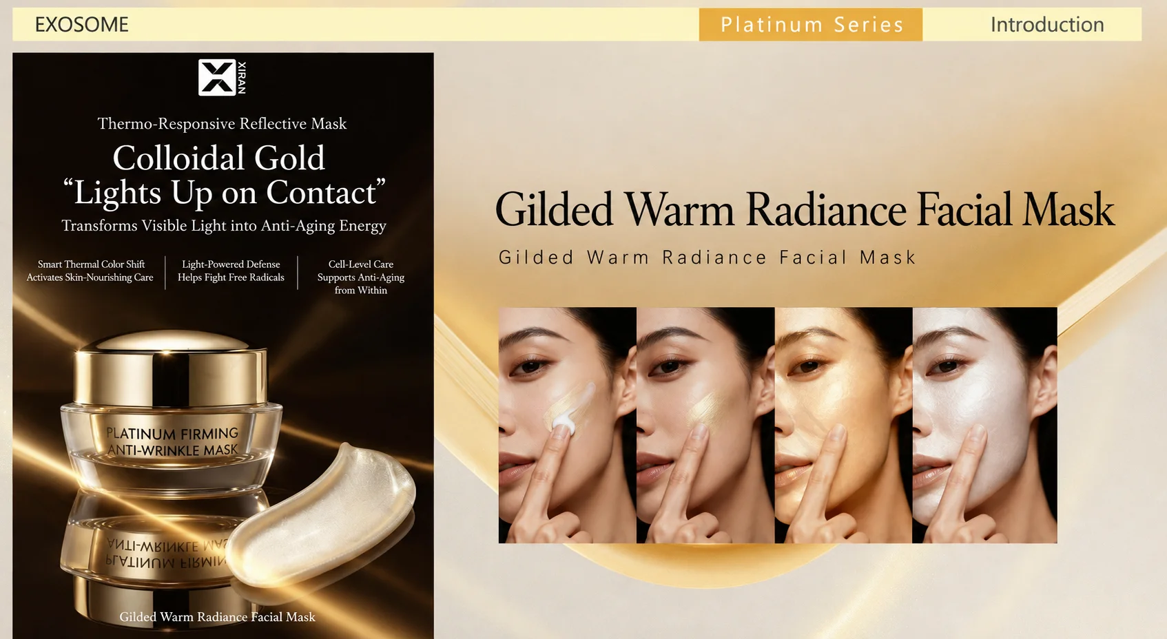 Promotional material for the Gilded Warm Radiance Facial Mask, highlighting colloidal gold benefits, product jar, and an application demonstration.
